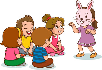 Vector illustration of children playing fun games together. A child wearing a bunny mask imitates a rabbit. Vector illustration.