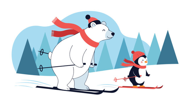 Cute cartoon polar bear and penguin friends skiing together in a snowy winter landscape wearing warm hats and scarves.