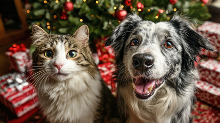 Festive feline and canine friends pose by a Christmas tree with wrapped gifts, capturing holiday cheer. The dog is smiling, the cat is curious.