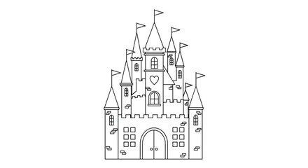 Fototapeta premium Simple black and white line art illustration of a magical fairy tale castle with many towers and flags for a coloring book.