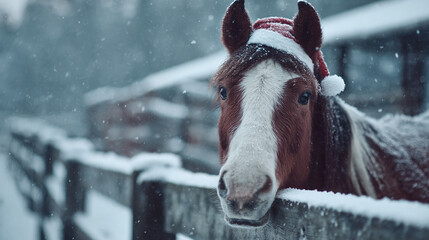 A horse poses in the falling snow with a festive red and white Santa hat. The animal is resting its head on the snowy fence of a farm.