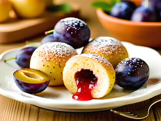 Sweet pastries with fruit filling and fresh plums on wooden table
