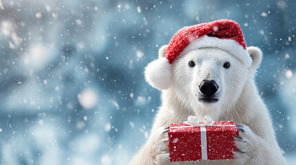Winter's cutest gift-giver! A polar bear in a Santa hat holds a bright red present as snowflakes fall, a portrait of Arctic charm.