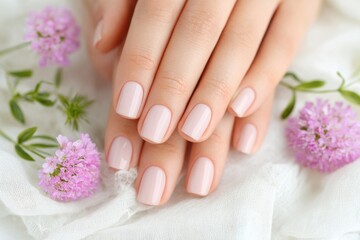 Fototapeta premium Close up of manicured hands with soft pink nails resting on delicate white fabric surrounded by fresh pink flowers, creating a serene and elegant atmosphere with natural beauty
