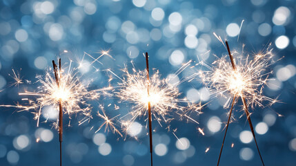 Three sparklers blaze against a bokeh background, illuminating celebration and joy, creating an atmosphere of festive cheer.