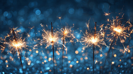 Obraz premium Glittering sparklers radiate festive cheer against a backdrop of blurred blue lights, evoking a sense of celebration and bright anticipation.