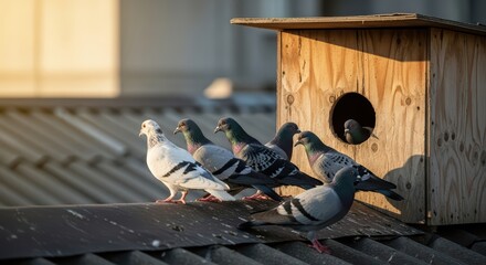 Flock of pigeons on rooftop perched near wooden birdhouse in urban setting
