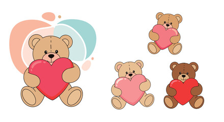 Naklejka premium Set of four adorable teddy bear illustrations holding large pink and red hearts with abstract colorful shapes in the background.