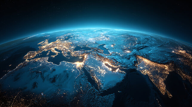 Earth's cityscape at night showcasing Europe, Middle East, and Asia with vibrant city lights and atmospheric perspective, as seen from space.