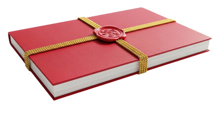 Red book with gold rope and wax seal isolated PNG, vintage document or important information on transparent background