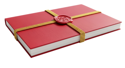Red book with gold rope and wax seal isolated PNG, vintage document or important information on transparent background