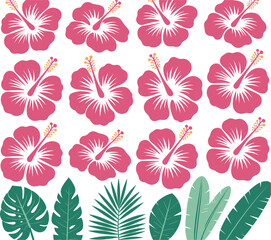 Pink Hibiscus Flowers And Tropical Leaves Pattern Keywords: hibiscus, flower, tropical, floral