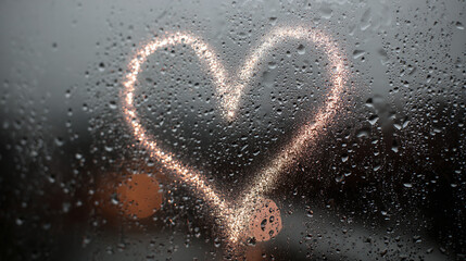 A sparkly heart is drawn on a window covered with raindrops, conveying a message of love and resilience during gloomy weather.