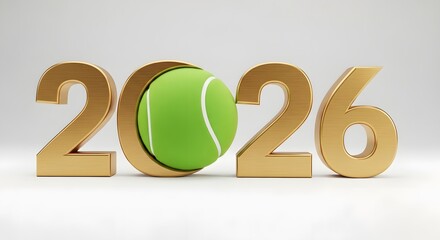 Golden year 2026 with a tennis ball isolated on white background