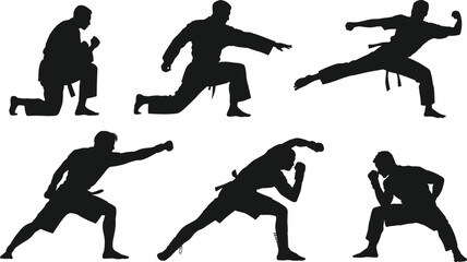 Black vector silhouettes of martial arts fighters performing karate kicks, punches, and combat stances on isolated white background for sports.