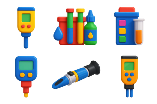 Water Quality Tools. 3D icon set of water quality equipment: pH meters, nitrate testers, ammonia kits, dissolved oxygen meters,