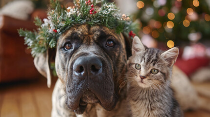 A brindle dog wearing a festive wreath poses with a cute kitten in front of a softly lit Christmas tree. Pets enjoying the holiday spirit.