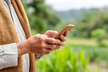 Elderly Hands Holding Smartphone in Rural Thailand, Learning Technology Concept