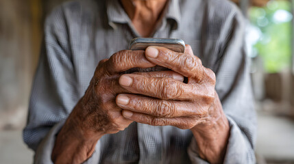 Fototapeta premium Elderly Thai Farmer Holding Smartphone