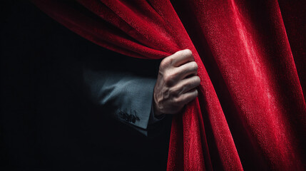 A hand parts a vibrant red curtain, revealing a world of possibilities, mystery, and drama against a stark black backdrop. The stage awaits.