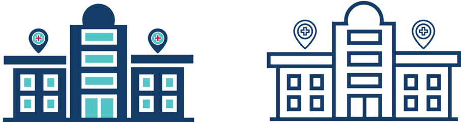 Hospital Building silhouette. Hospital and healthcare icon collection. Icon symbol of hospital buildings, medical house, medic, clinic, digital healthcare. Vector illustration.