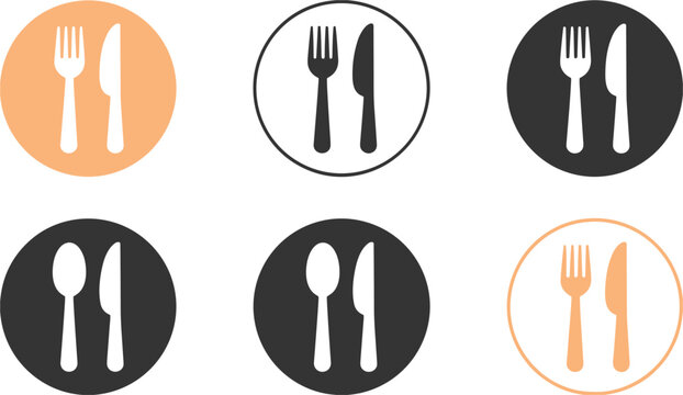 Set of six icons depicting cutlery and plates Keywords: cutlery, fork, knife, spoon, plate, dish