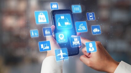 Logistics icons illustrate delivery, supply chain, warehouse, and shipping. Logistics connects global trade, logistics optimizes transport, and logistics supports inventory tracking. Gist