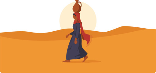 Fashion vector illustration of a beautiful lady dancing in the desert with flowing hair and dress silhouette