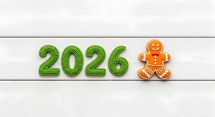 Green glitter numbers 2026 and gingerbread man isolated on white background