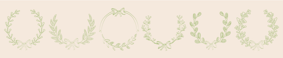 a set of round frames made of leaves, simple frames-wreaths, hand-drawn, Doodle eco green botanical circle frame ,vector illustration.