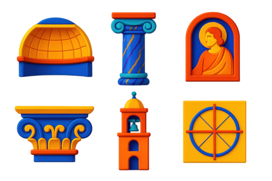 Renaissance Architecture Icons. 3D icon set of Renaissance architecture features: domed ceiling, marble pillar, fresco detail,