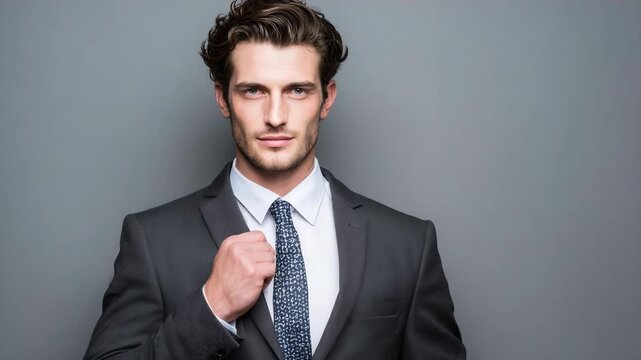 Confident young businessman in a dark gray suit, white shirt, and patterned blue tie, looking directly at the camera with a serious expression against a plain gray background