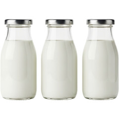 Three Milk Bottles Full Dairy Product Silver Caps Healthy Drink Breakfast Nutrient Fresh on transparent background