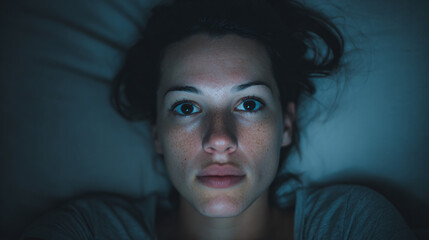 A woman gazes, illuminated by the ethereal glow, her eyes wide, freckles dotting her skin, surrounded by night's soft embrace.