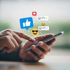 Social Media Engagement Hand Interacting with Emoji Reactions on Smartphone Screen