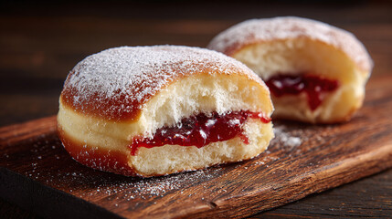 Indulge in sweet moments with this delightful treat. A bite into sugary bliss with a doughnut filled with delicious fruit jam.