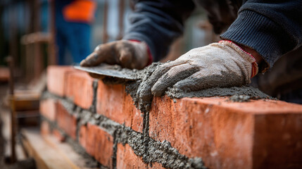 Expert hands meticulously lay red bricks, crafting a sturdy wall with precision and care, showcasing craftsmanship and attention to detail.