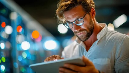 Focused young man using a digital tablet in a modern indoor environment with colorful blurred lights - Powered by Adobe