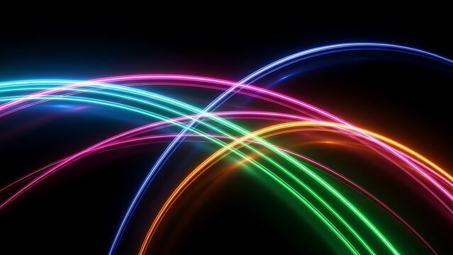 Abstract Neon Light Trails on Black Background glowing