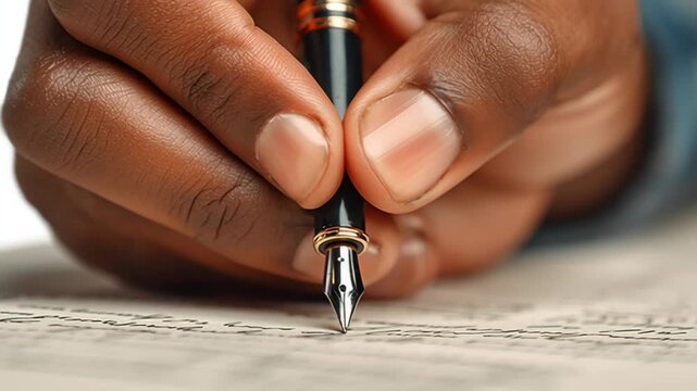 Close-up of a hand holding a fountain pen, gracefully writing on textured paper, showcasing the fluidity of handwriting, with a smooth camera zoom in capturing the intricate details of the writing pro