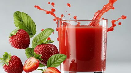 Fresh strawberries splashing into a glass of vibrant red juice, showcasing the dynamic action of fruit preparation, with camera zooming in for dramatic effect, highlighting freshness and flavor - Powered by Adobe