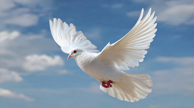 A pristine white dove soars gracefully against a serene sky, symbolizing peace and freedom in its elegant flight path, full of hope.