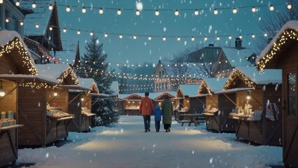 A family of three walks through a snowy Christmas market at dusk, warm string lights glowing on wooden stalls as snowflakes fall, creating a cozy, festive European winter atmosphere. - Powered by Adobe
