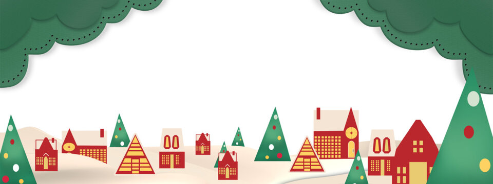 transparent Green Merry christmas and happy new year greeting card banner paper art style with snowy winter landscape red village and forest scene for holiday celebration and festive background