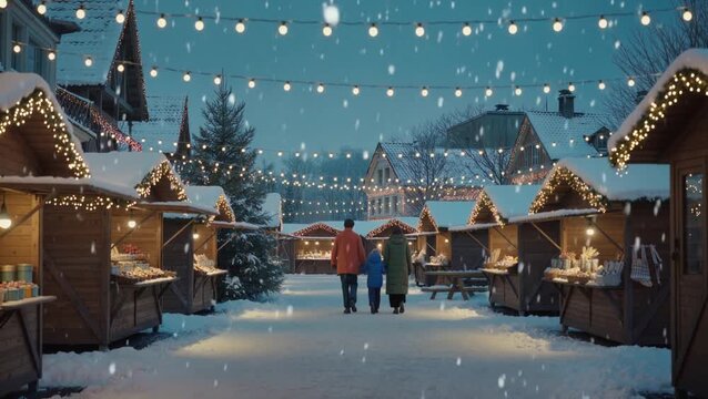 A family of three walks through a snowy Christmas market at dusk, warm string lights glowing on wooden stalls as snowflakes fall, creating a cozy, festive European winter atmosphere.