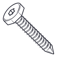 A detailed black and white line art illustration of a single sharp pointed screw with a hexagonal socket head on a clean white background