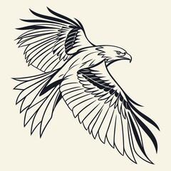 A powerful black and white line art illustration of a majestic eagle soaring with its wings spread wide against a light cream background symbolizing freedom and strength