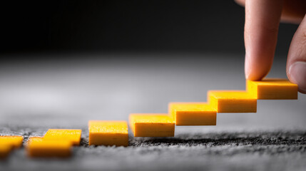 Ascending steps of success: A hand carefully places a final tile on a stair-like formation, symbolizing progress and reaching new heights.