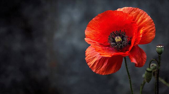 A vivid red poppy stands in stark contrast against a muted grey background, exuding elegance and a sense of serenity. Petals unfurl gracefully.