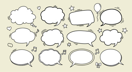 Collection of hand-drawn doodle speech bubbles with cute elements like stars hearts and musical notes on a beige background.